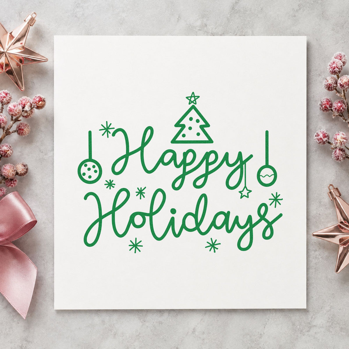 Happy Holidays Tree Ornaments craft stamp imprinted in green ink on paper, a design suited to framed tree corner.