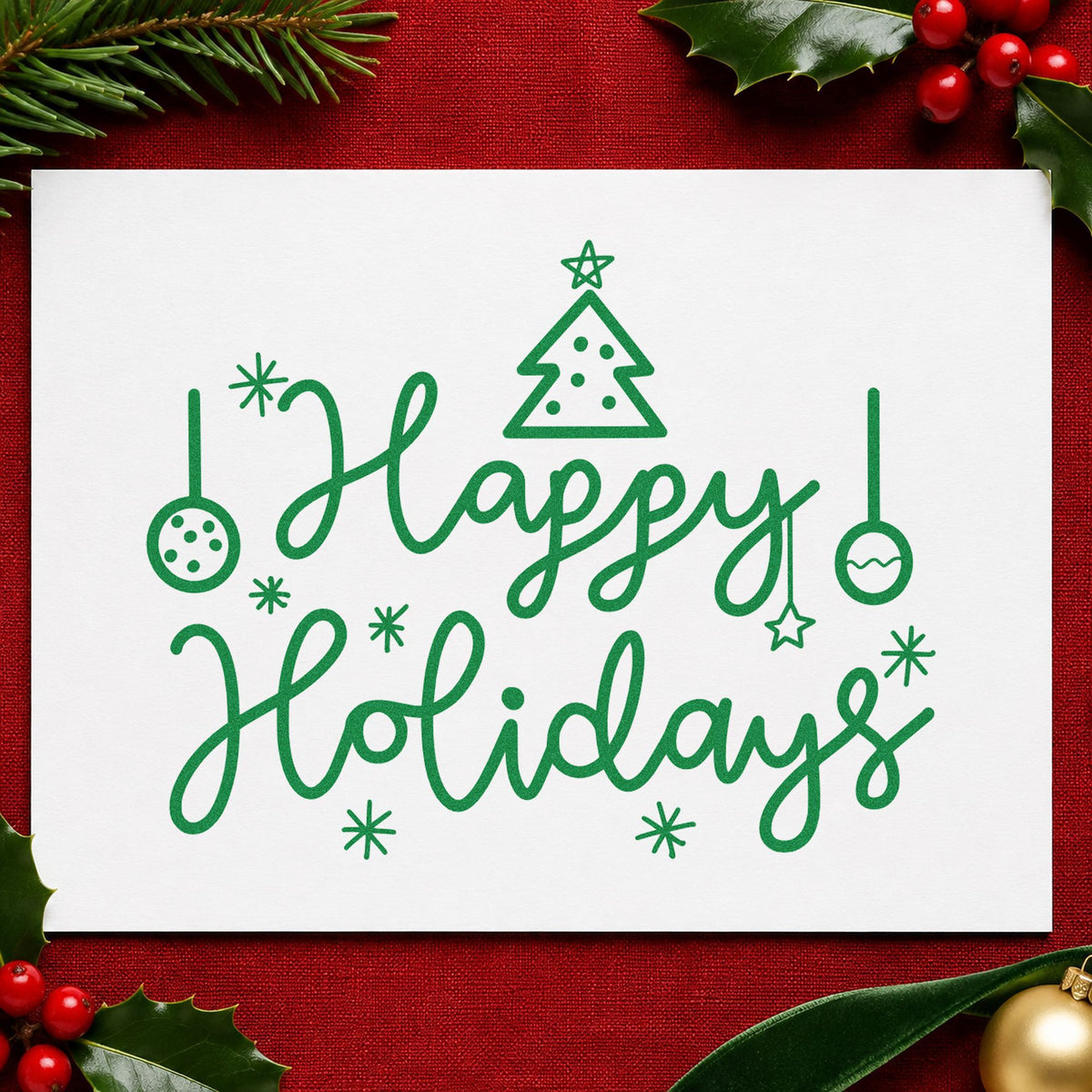 Happy Holidays Tree Ornaments craft stamp imprint in green ink on a handmade project, one idea being trim party cards.