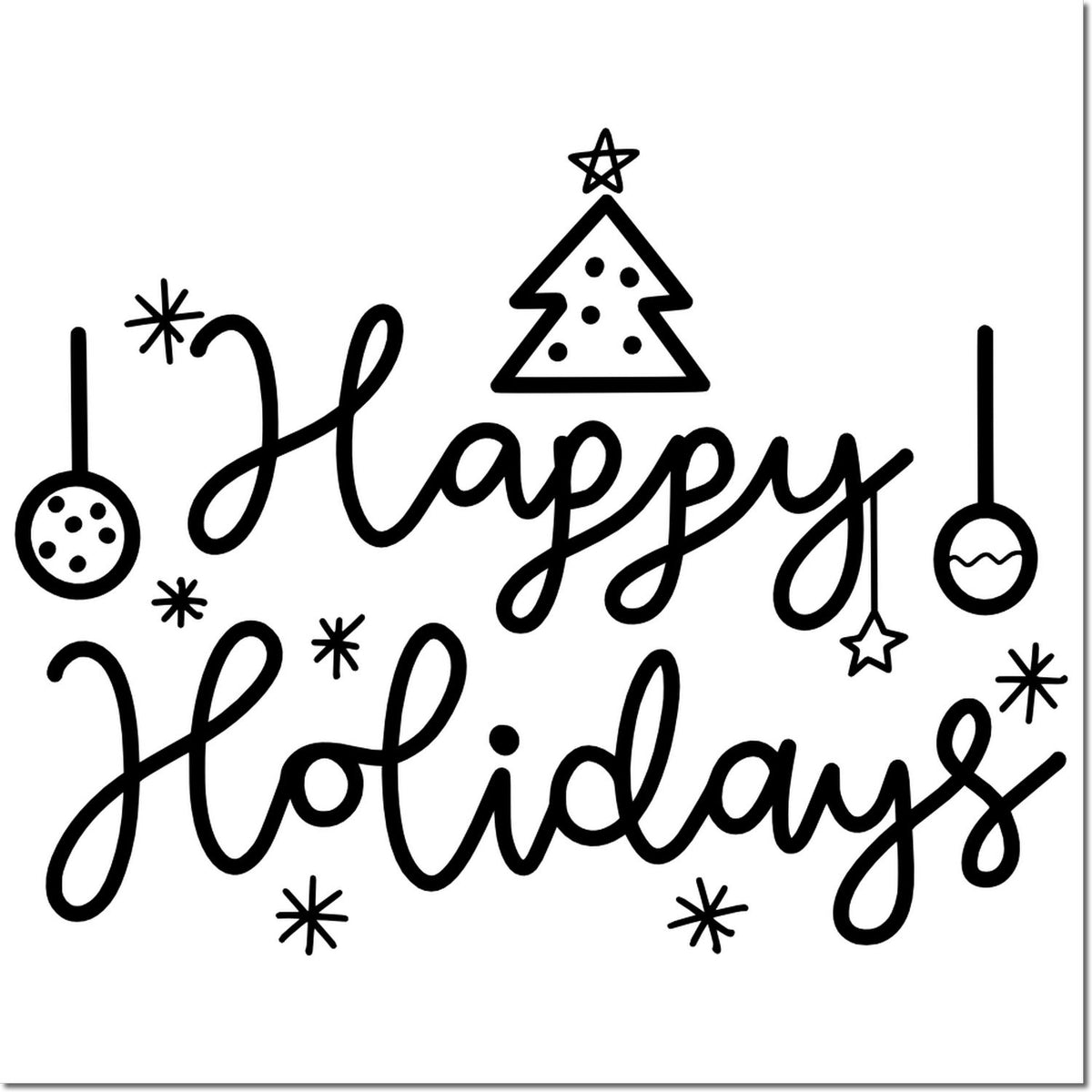 Black Happy Holidays stamp design with Christmas tree, ornaments and stars on a white background.