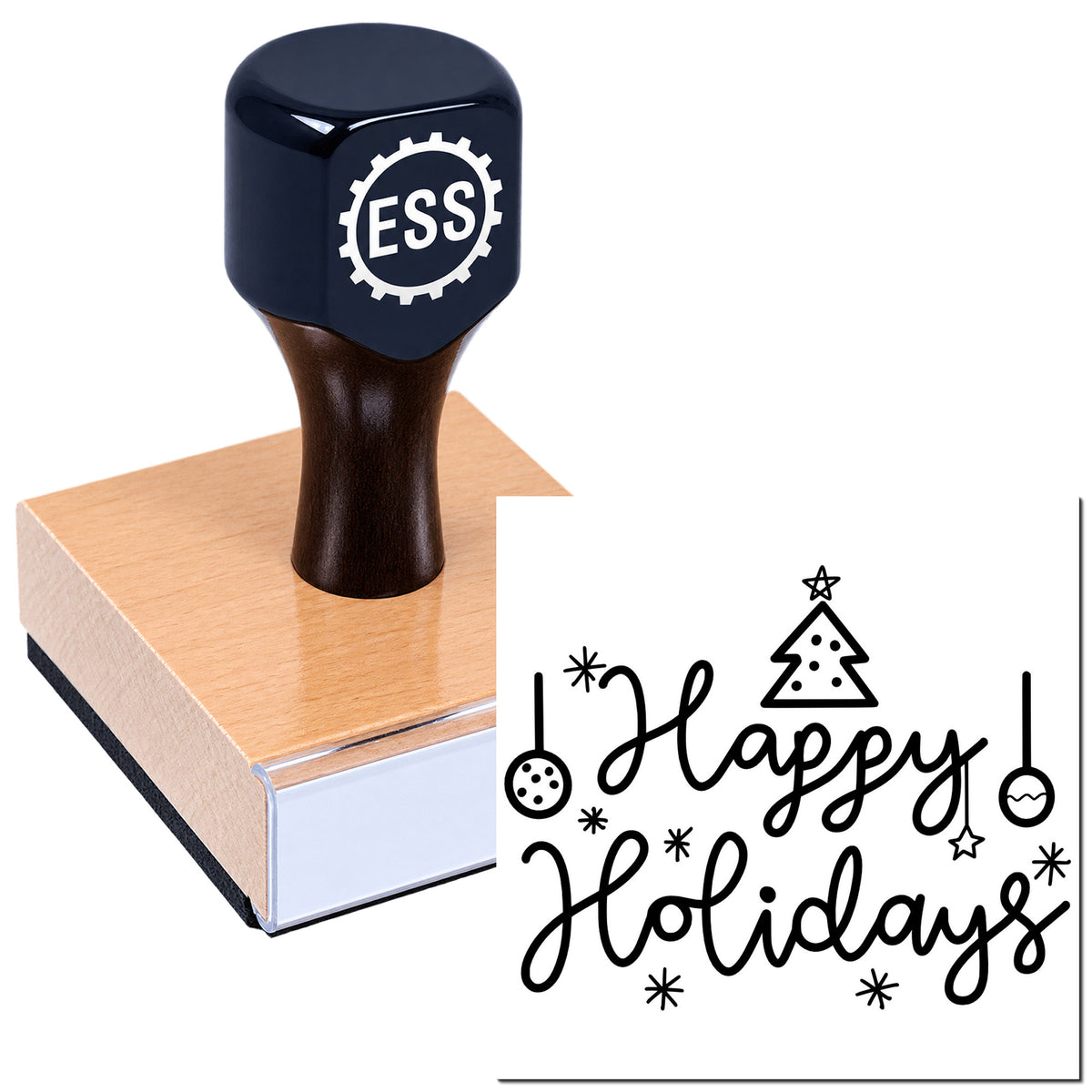 Dark navy stamp and seal product on a wooden base, printing black "Happy Holidays" with festive holiday icons.