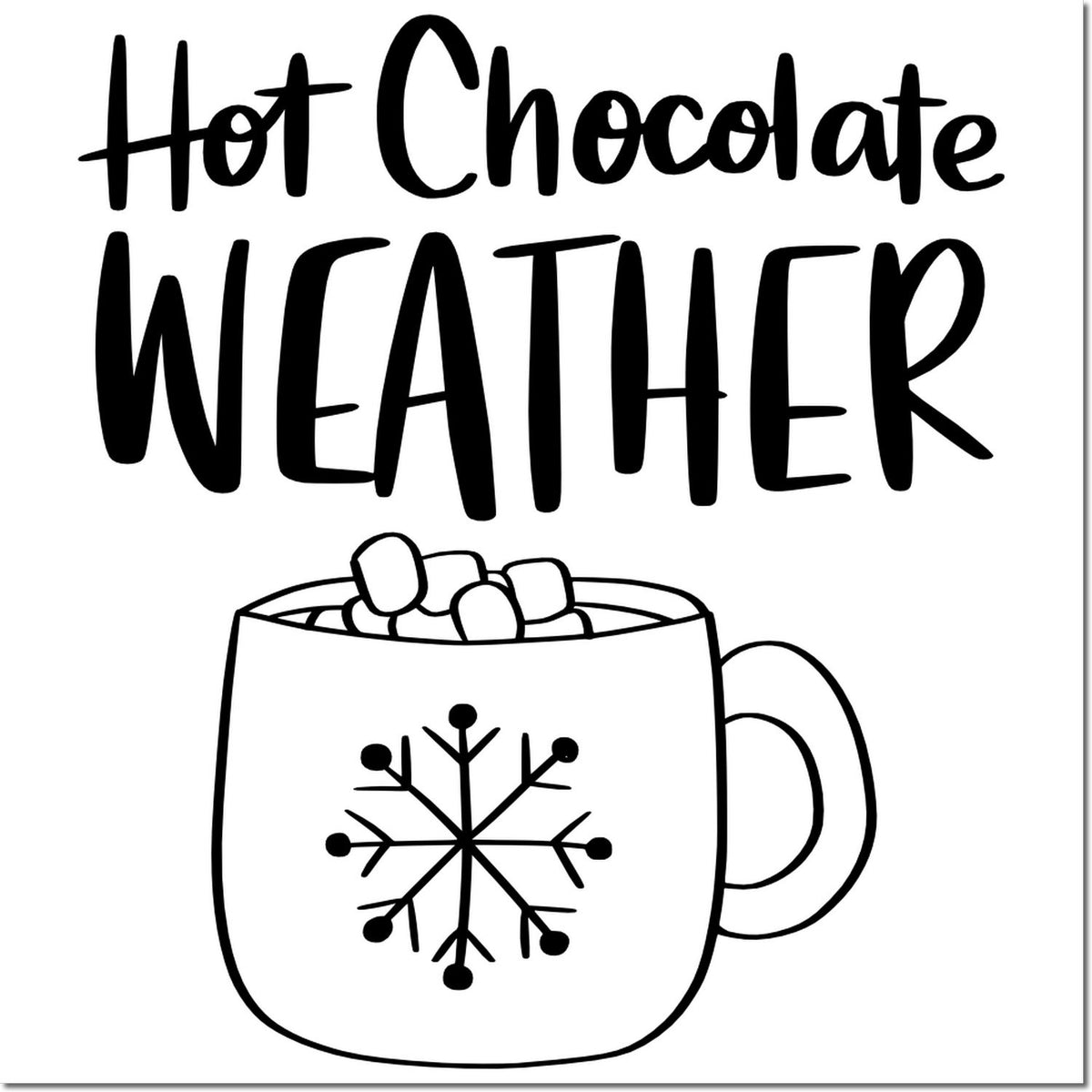 Black hot chocolate weather stamp/seal design with mug, marshmallows and snowflake icon on white background.