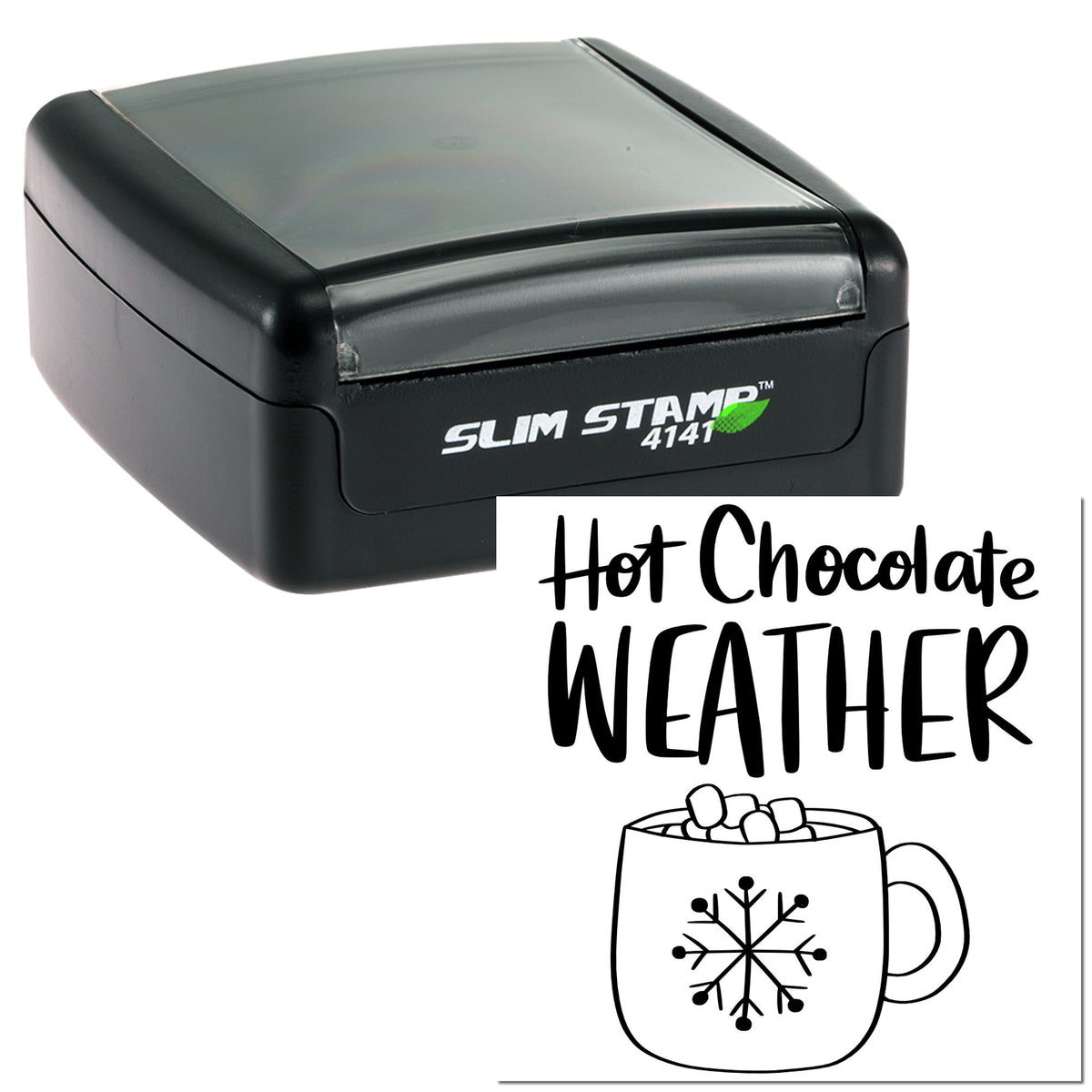 Black self-inking Slim Stamp 4141 with gray lid and hot chocolate weather seal design, featuring a mug and snowflake.