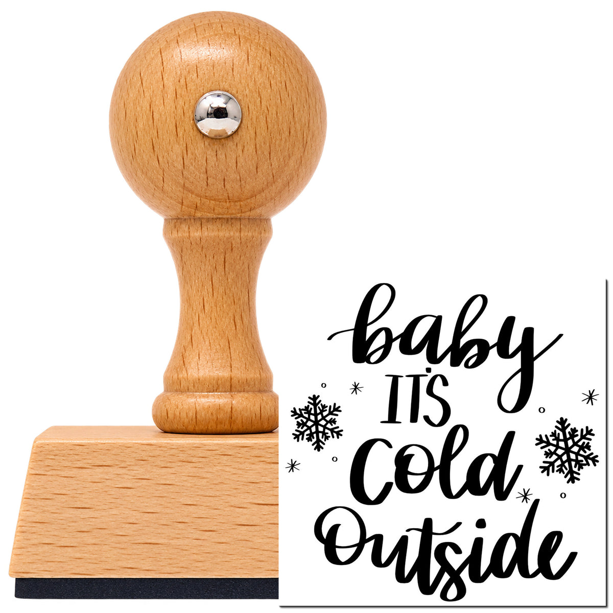 Vintage Pro beech wood stamp with a round knob handle, shown with its black Baby Cold Outside Snowflakes imprint on white.