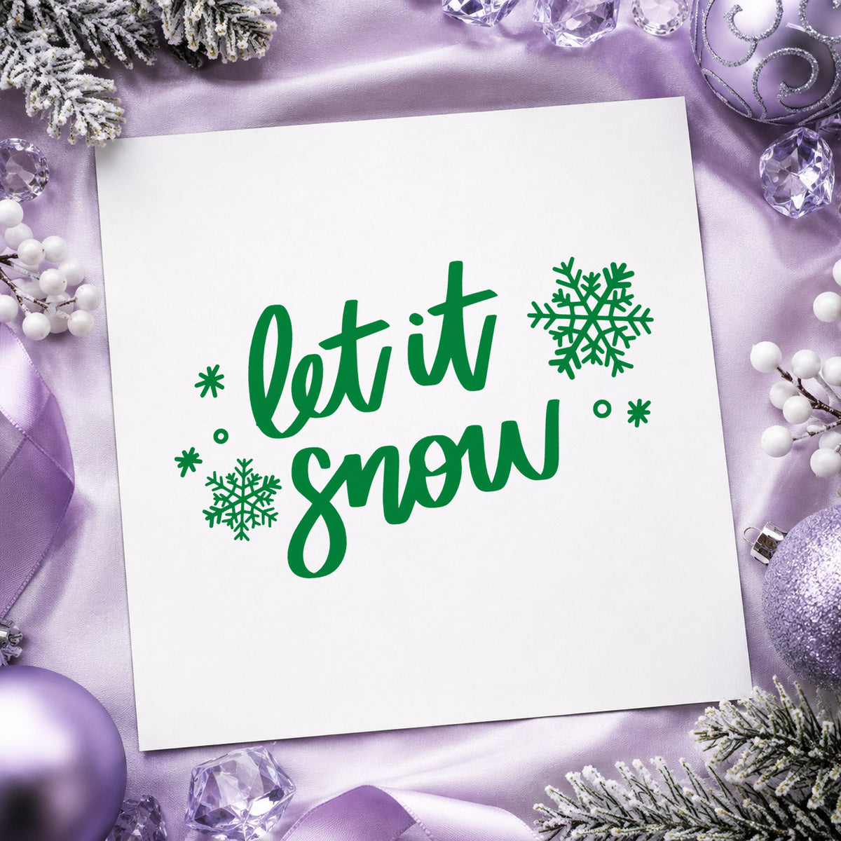 Let It Snow Script Snowflakes craft stamp imprinted in green ink on paper, a design suited to framed kitchen ledge.