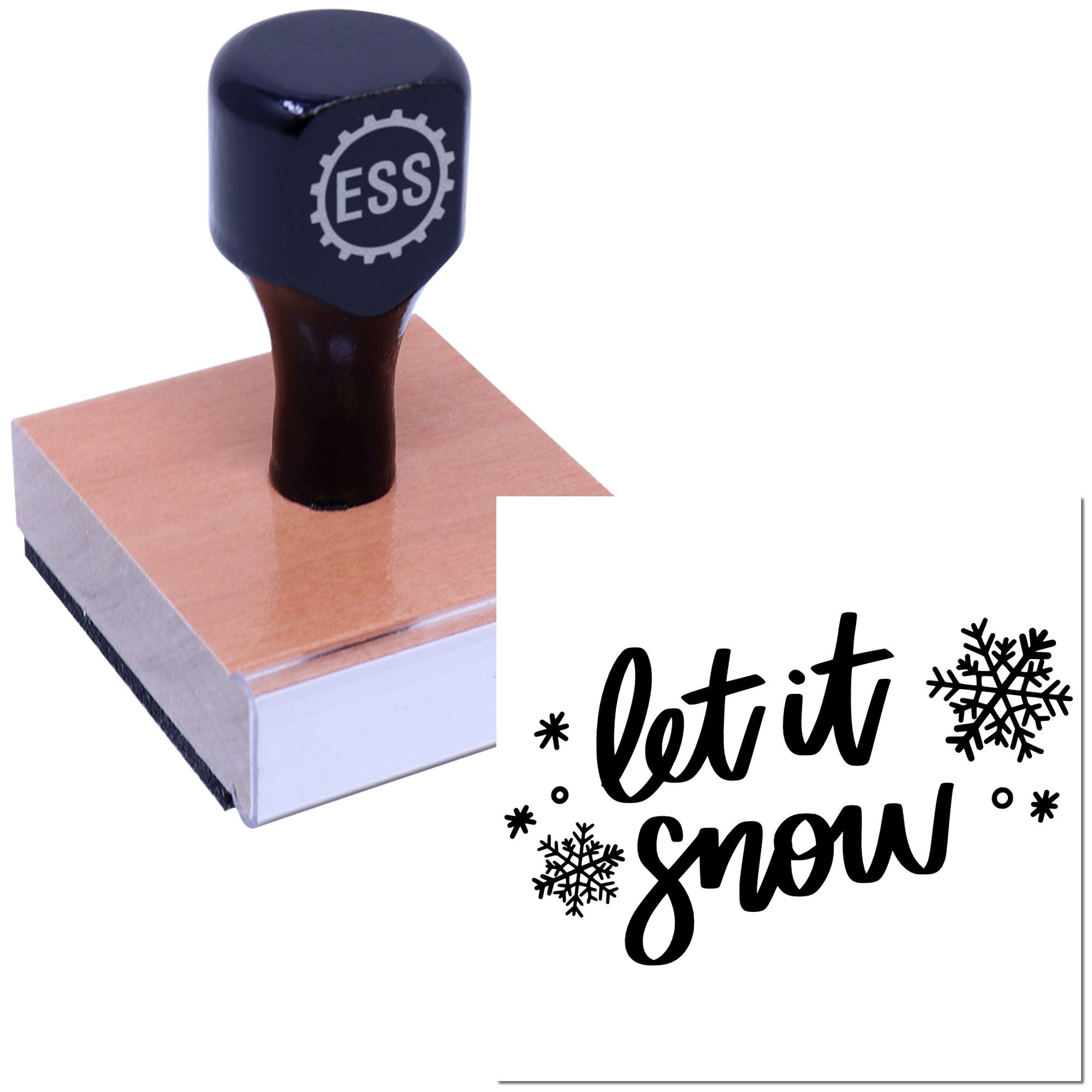 Navy ESS rubber stamp seal on wood base with black let it snow text and snowflakes.
