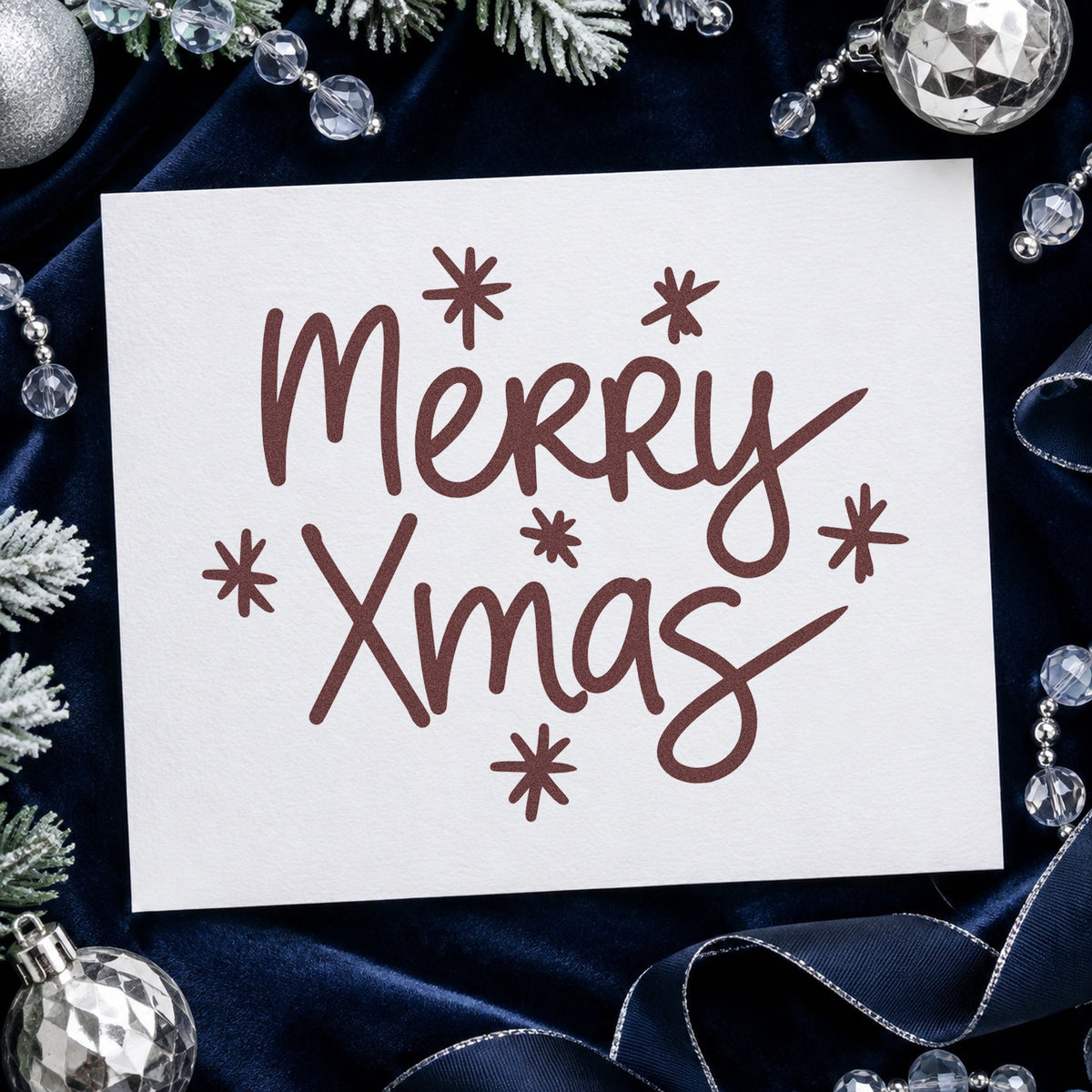 Merry Xmas Starbursts rubber stamp printed in brown ink, ready for scratch note sheet and similar paper crafts.