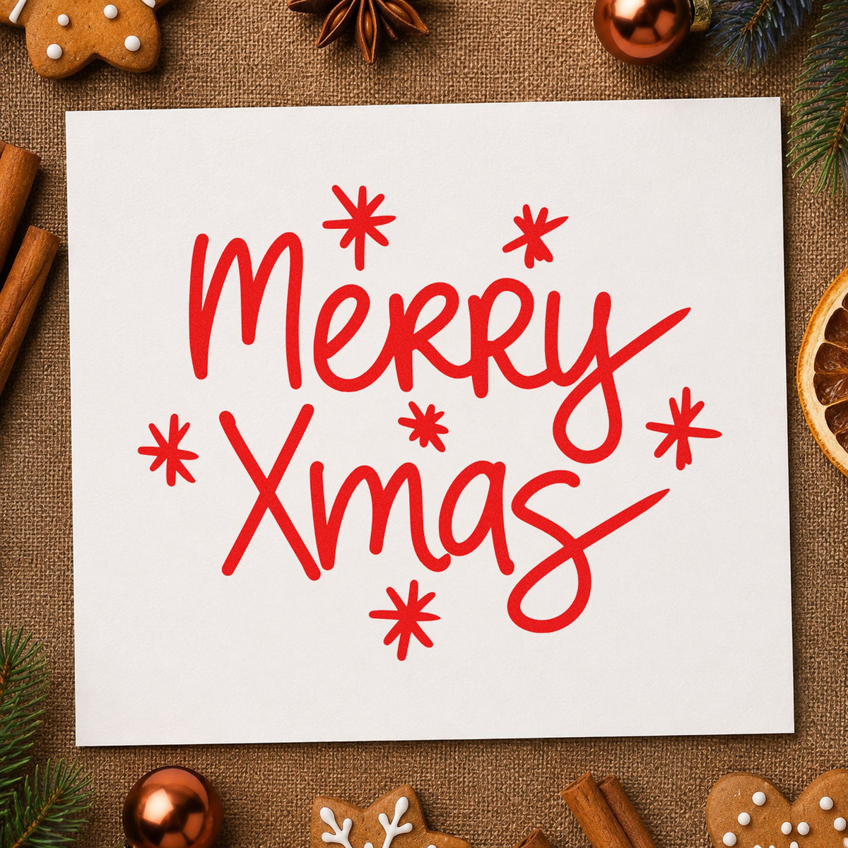 Merry Xmas Starbursts rubber stamp shown in red ink, stamped for projects such as box side labels.