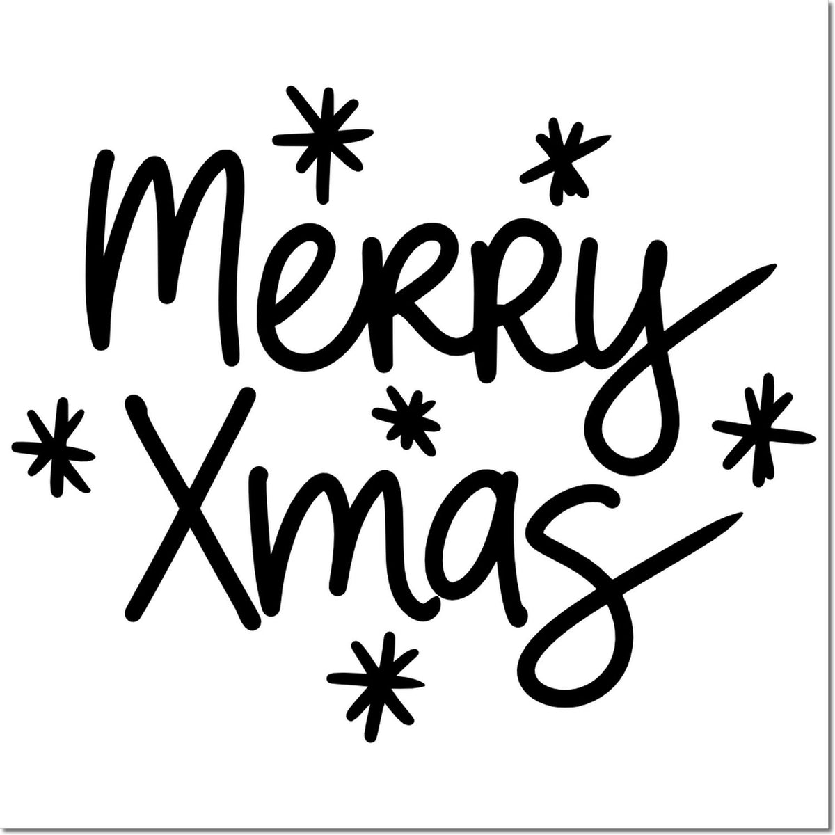 Black Merry Xmas stamp seal with handwritten lettering and starburst accents on a white background