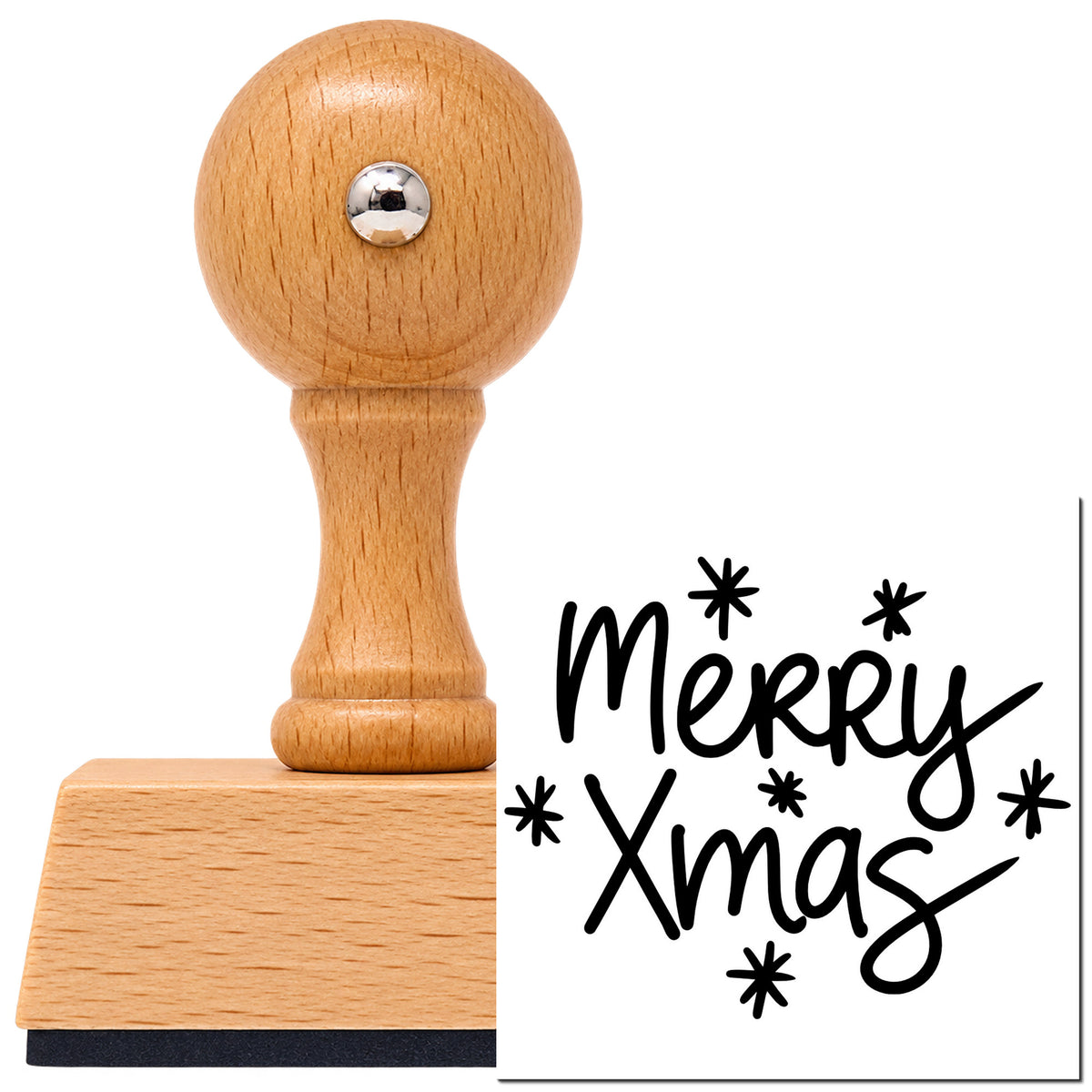 Vintage Pro beech wood stamp with a round knob handle, shown with its black Merry Xmas Starbursts imprint on white.