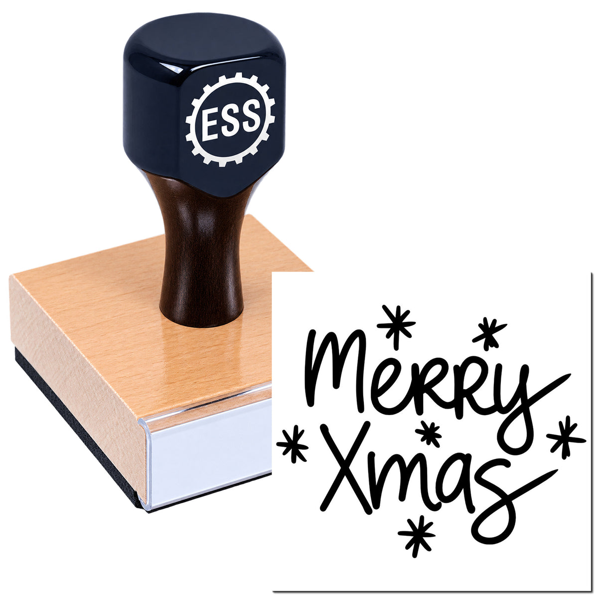 Black ESS rubber stamp on wooden block beside a black Merry Xmas seal with star accents.