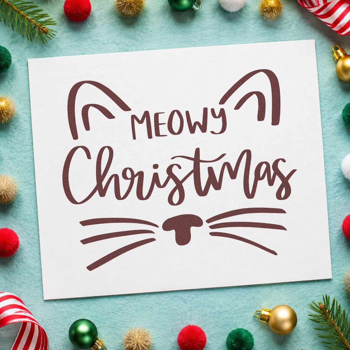 Meowy Christmas Cat Face rubber stamp printed in brown ink, ready for grooming log sheet and similar paper crafts.