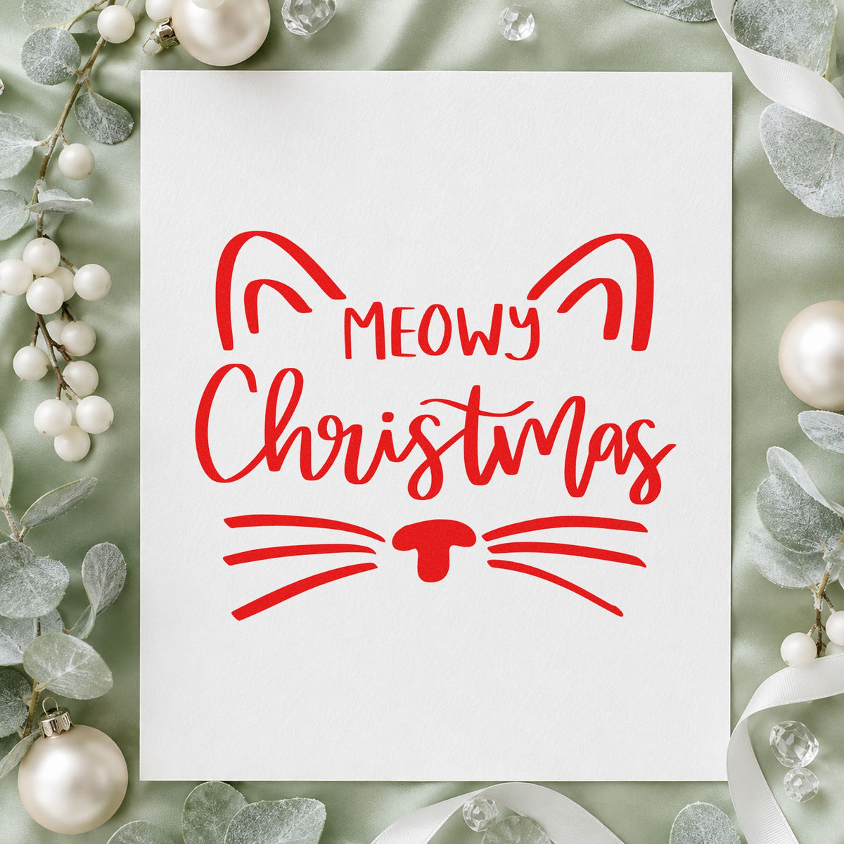 Meowy Christmas Cat Face rubber stamp shown in red ink, stamped for projects such as toy bin labels.
