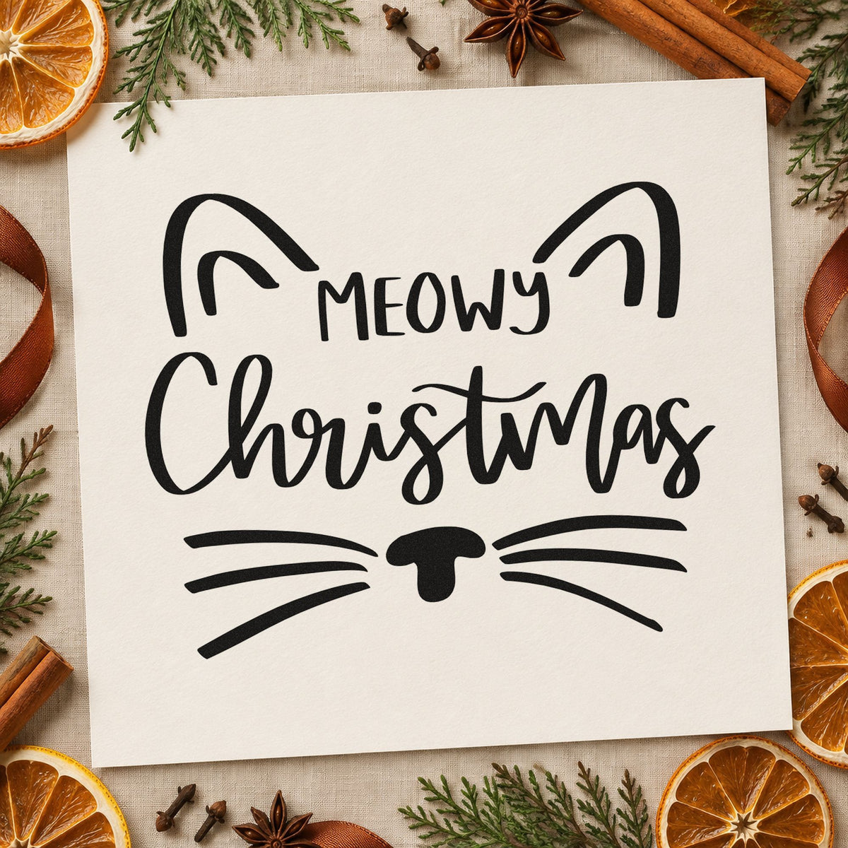 Meowy Christmas Cat Face rubber stamp printed in black ink, ready for cat face cards and similar paper crafts.