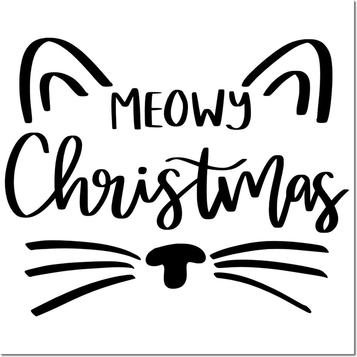 Black cat face stamp with Meowy Christmas text in black, a festive holiday seal design for cards and gifts.