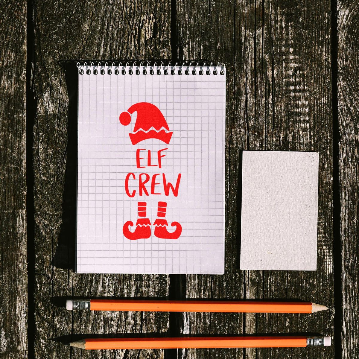 Elf Crew Hat And Shoes rubber stamp shown in blue ink, stamped for projects such as costume album page.