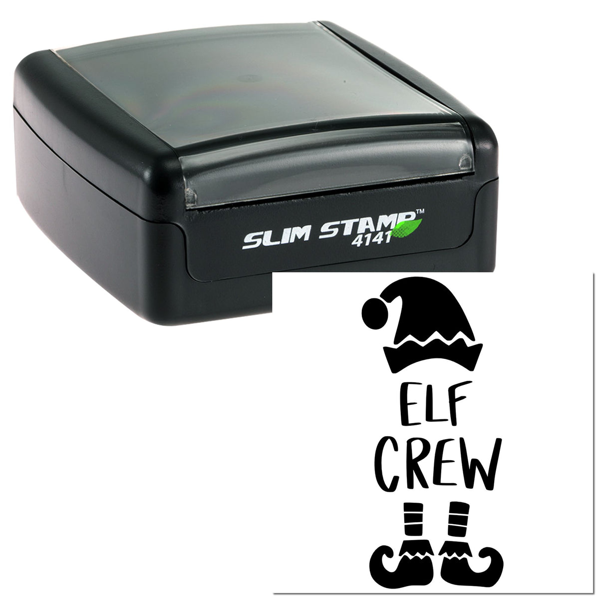 Black Trodat Slim Merry Little Elf crew journaling craft stamp, featuring a festive elf design for holiday crafts and journaling.