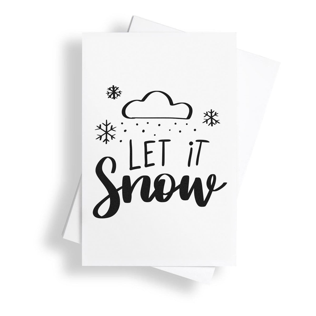 White stamp and seal card with black Let it Snow lettering, cloud icon, and snowflakes.