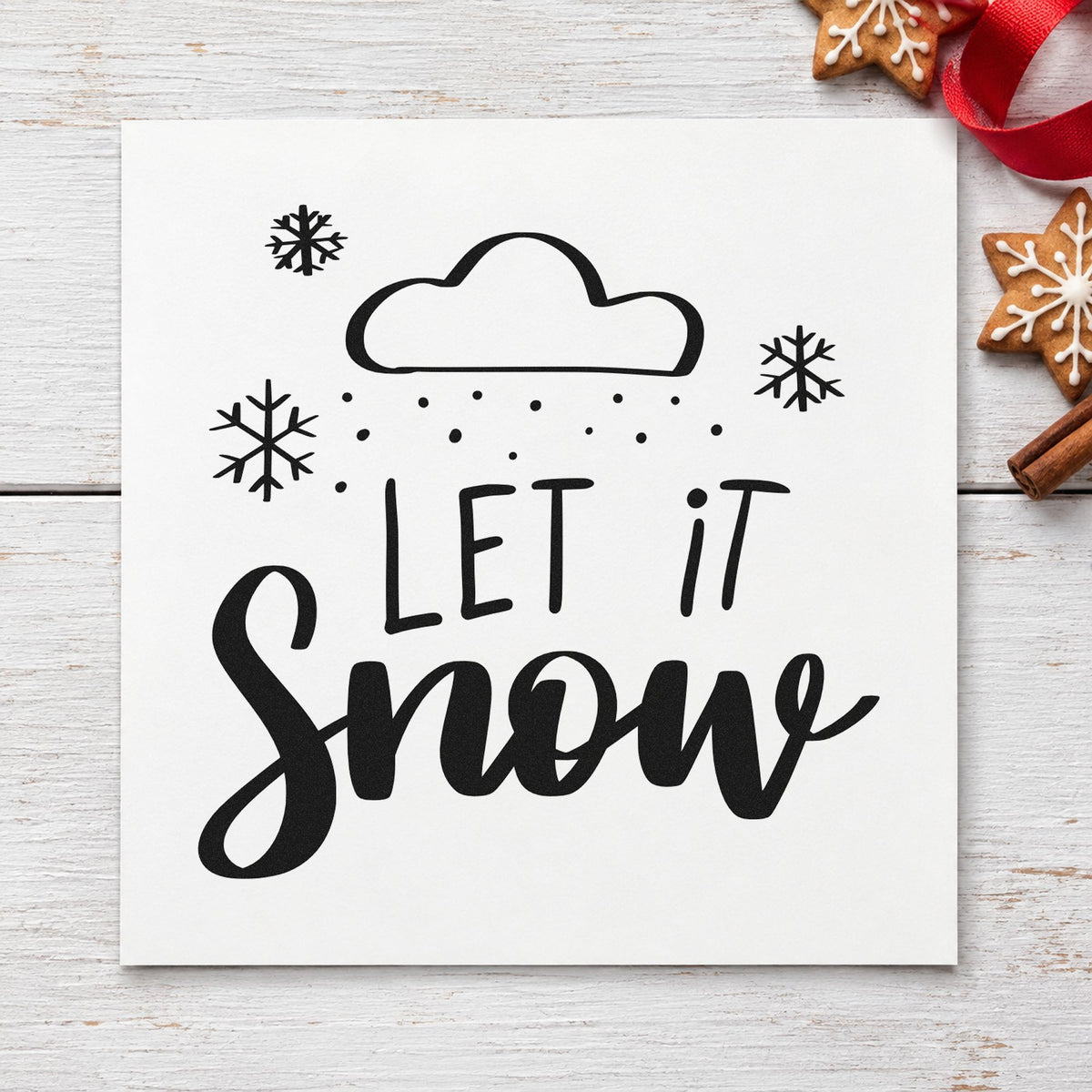 Let It Snow Cloud rubber stamp printed in black ink, ready for cloud above cards and similar paper crafts.