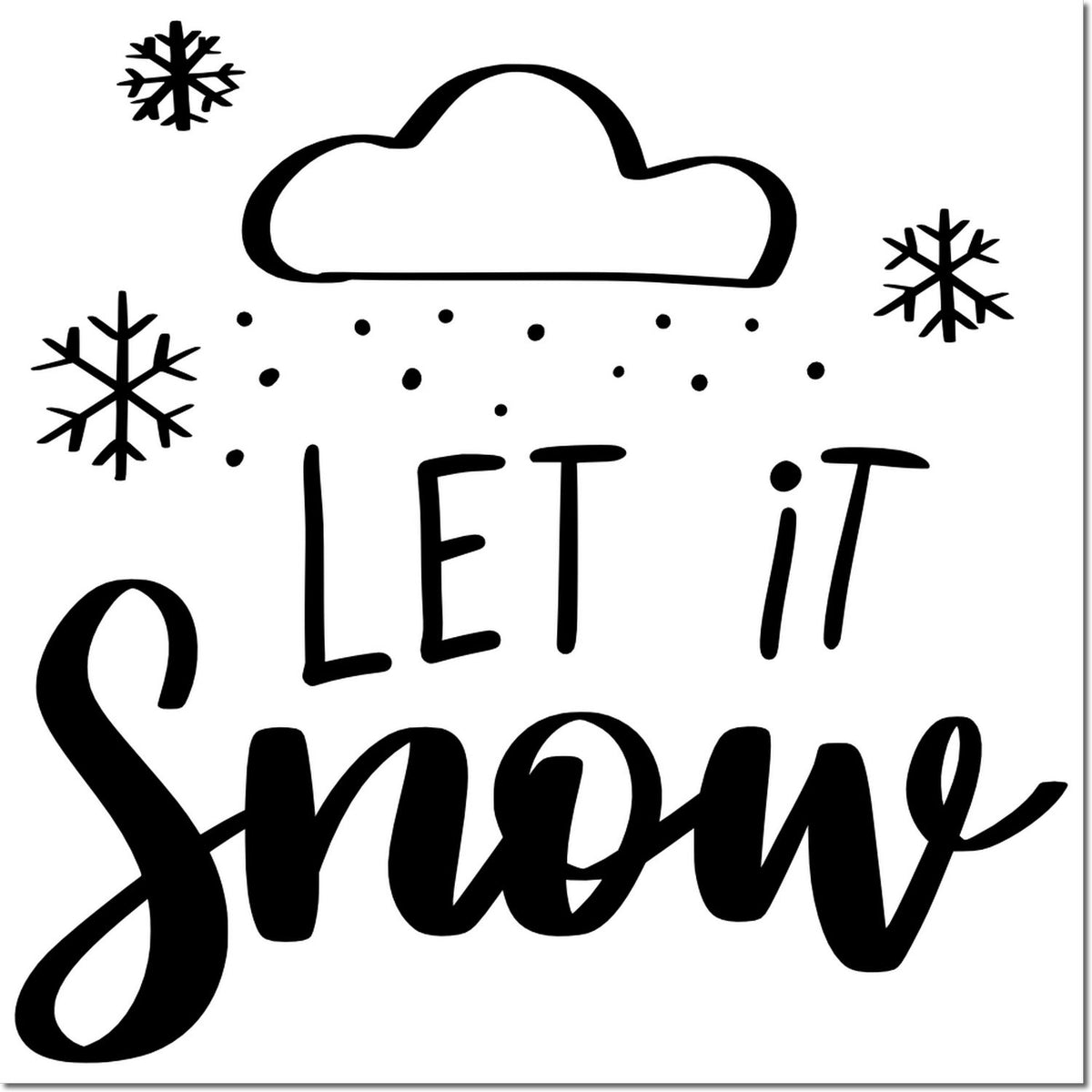 Black winter stamp and seal design with cloud, snowflakes, and Let it Snow text on a white background.