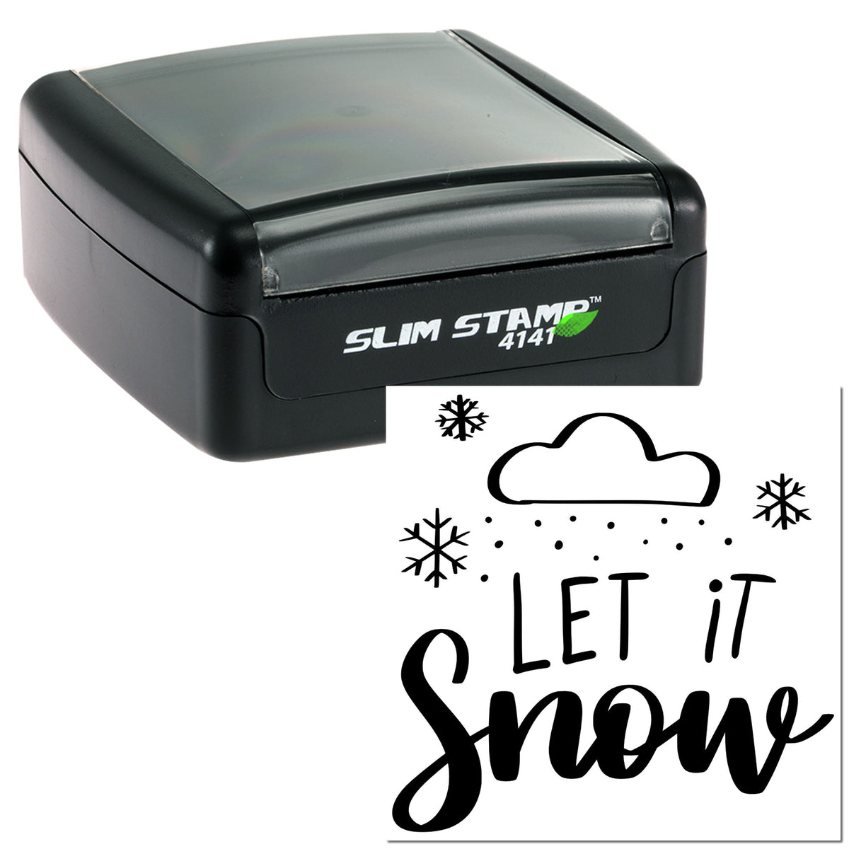 Black Slim Stamp 4141 self-inking stamp with winter seal design, snowflakes, cloud, and Let it Snow text.