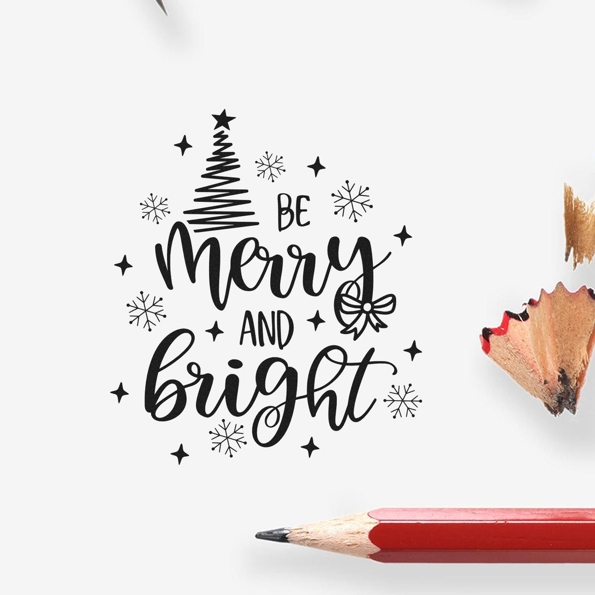 Black holiday stamp and seal design reading Be Merry and Bright with tree, snowflakes, and stars on white background.