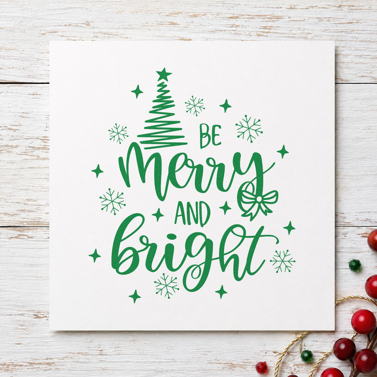 Be Merry And Bright Tree craft stamp imprint in green ink on a handmade project, one idea being drawn look gift tags.