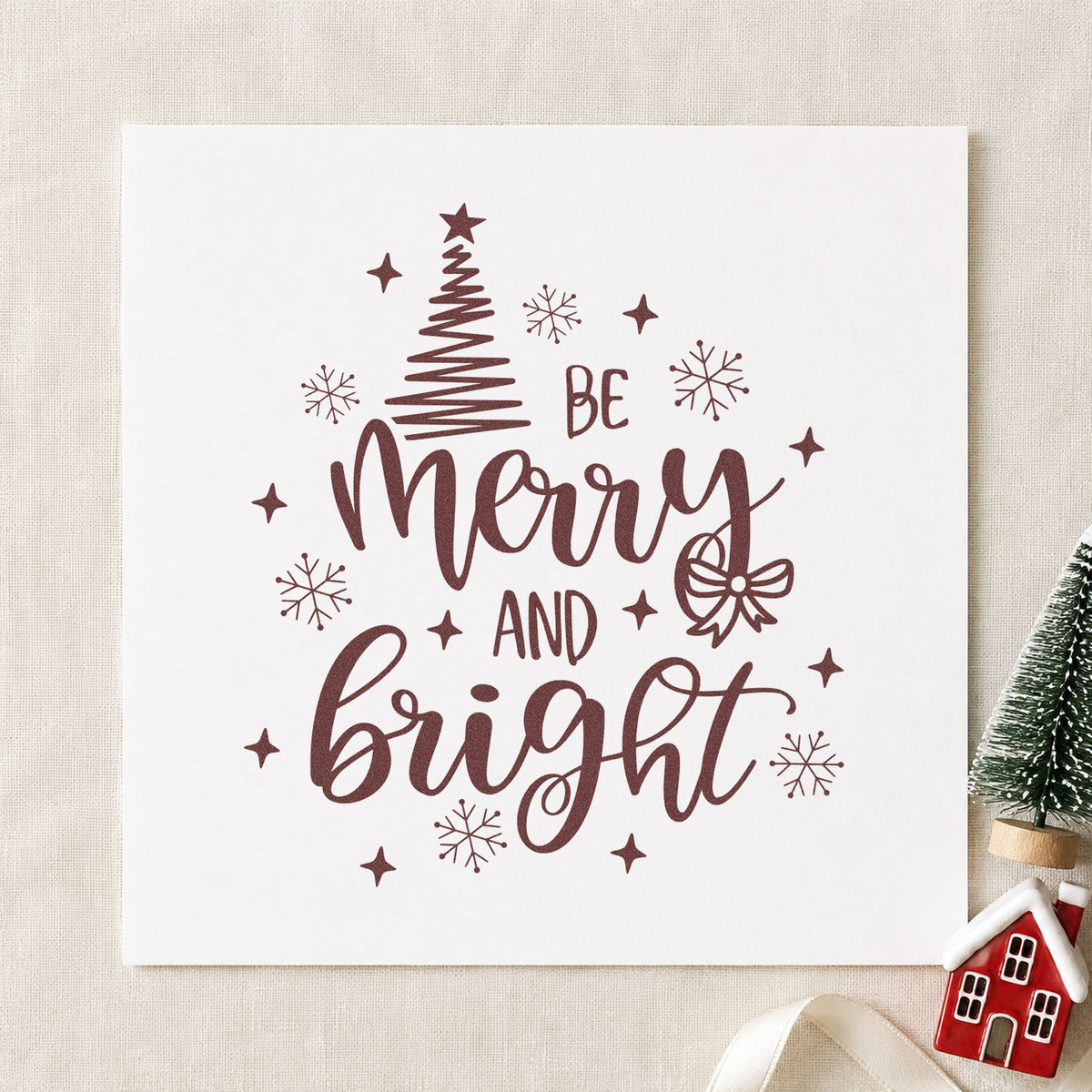 Be Merry And Bright Tree rubber stamp printed in brown ink, ready for doodle margin sheet and similar paper crafts.