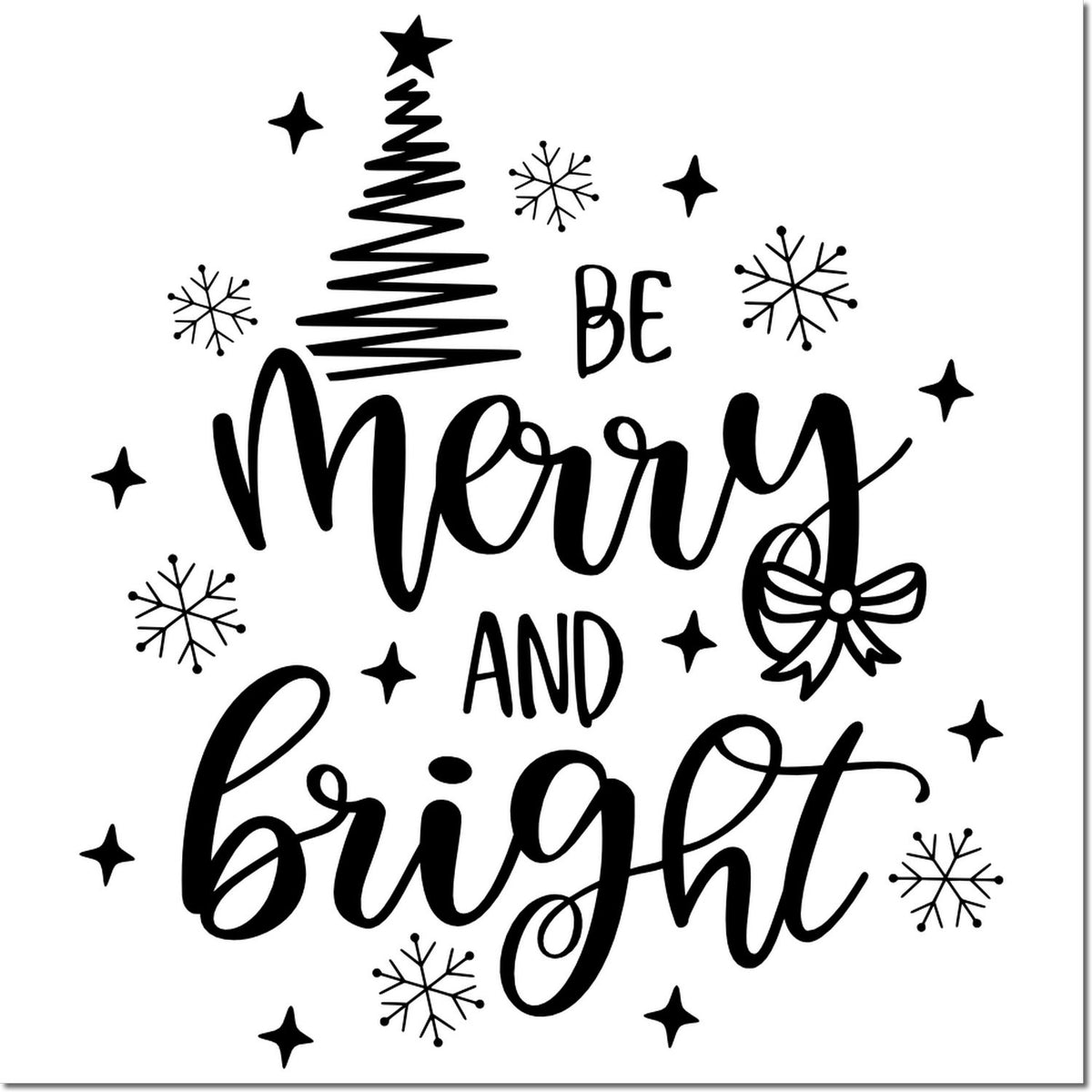 Black holiday stamp and seal design reading Merry and Bright with tree, snowflakes, stars, and bow on white background.