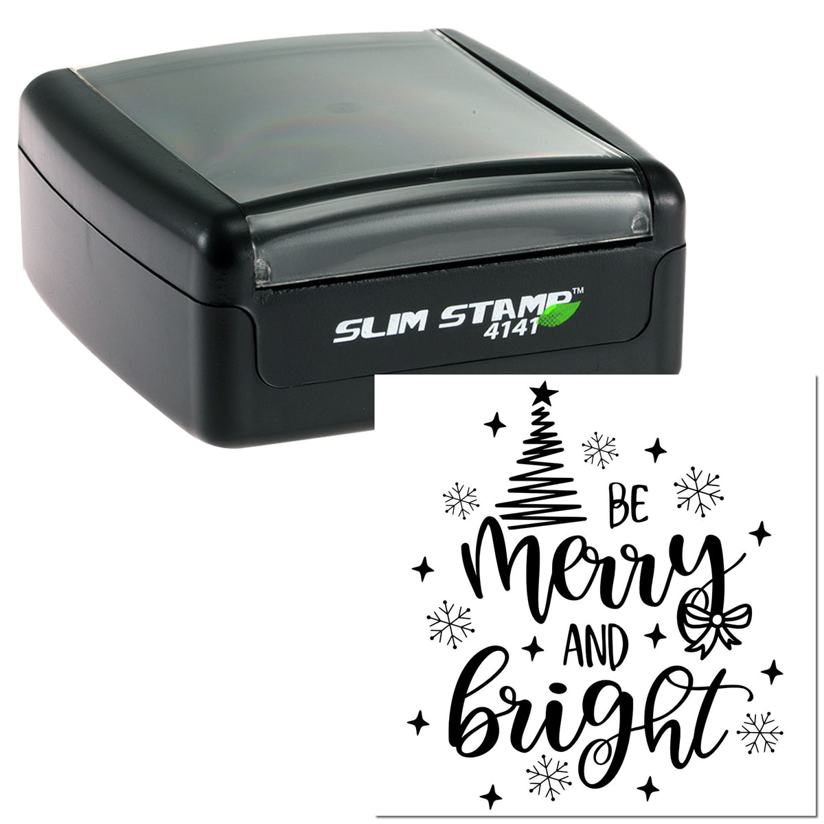 Black Slim Stamp 4141 in black, with festive seal design reading Be Merry and Bright, plus Christmas tree and snowflakes.