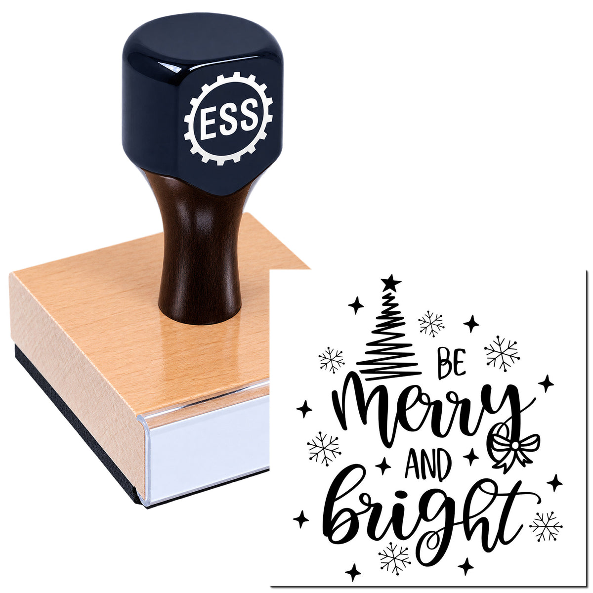Black ESSI rubber stamp on wood block with festive "Be merry and bright" Christmas tree, snowflakes, stars and bow design.