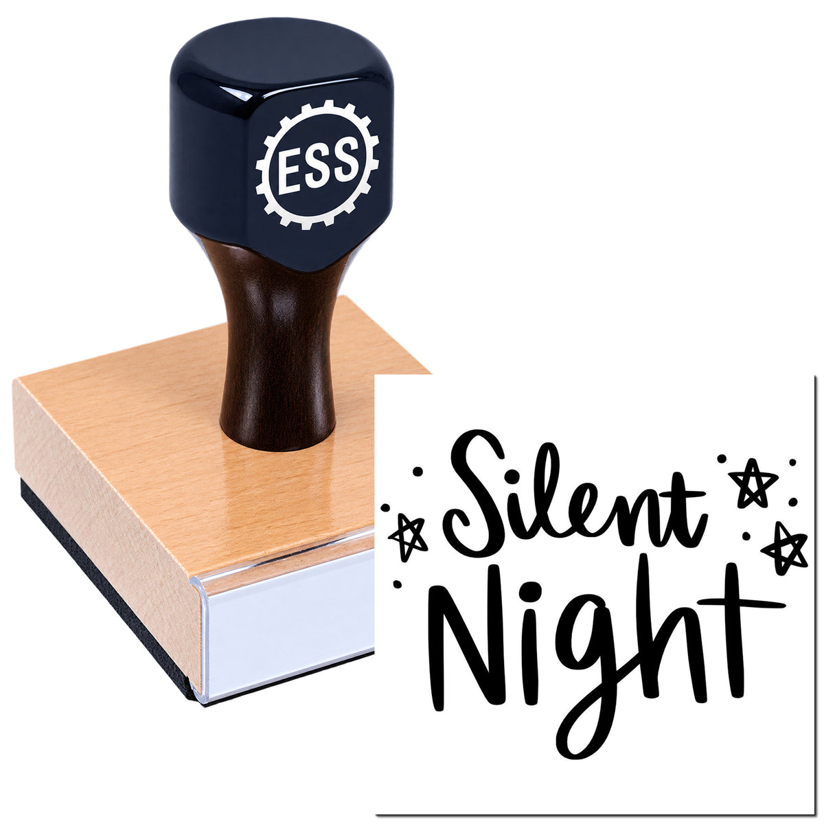 Dark navy rubber stamp and seal with ESS logo, beside a black "Silent Night" stamp design with stars.