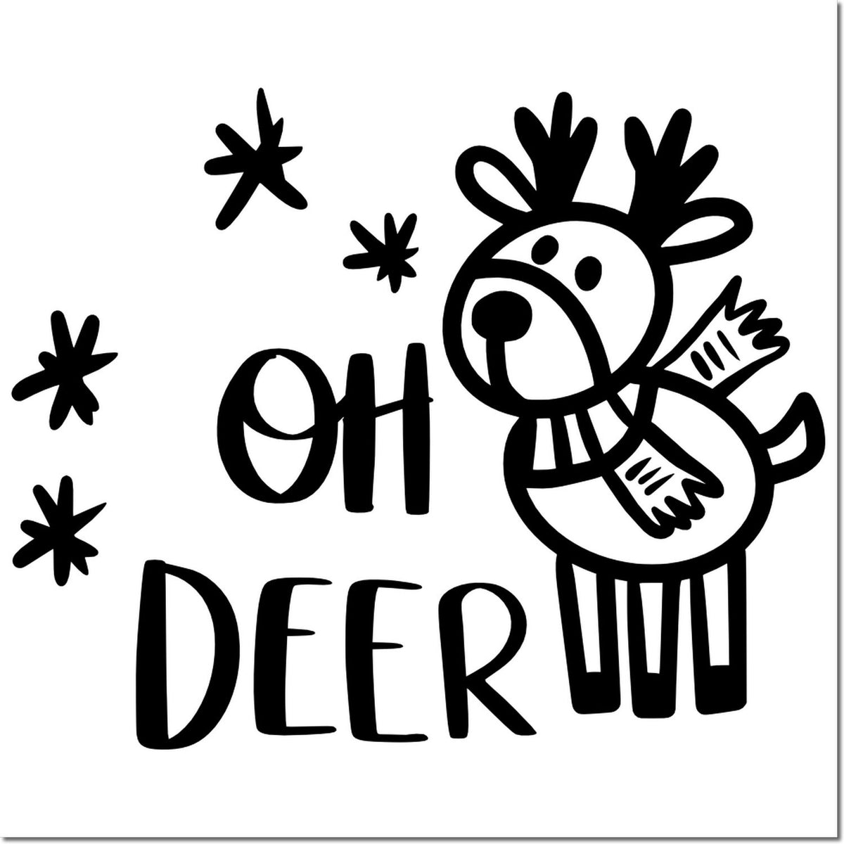 Black Oh Deer stamp and seal design with cartoon deer and snowflake accents on white background.