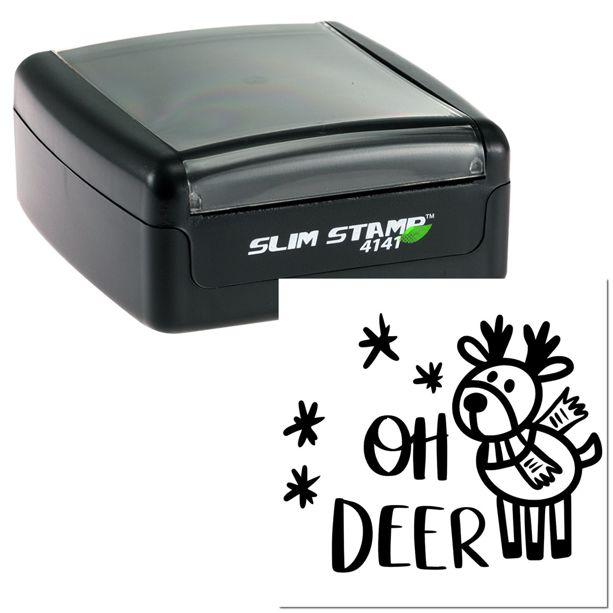 Black self-inking stamp seal with clear cap, showing a black OH DEER reindeer design on white.