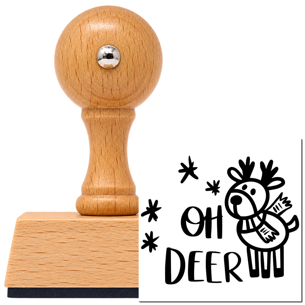 Vintage Pro beech wood stamp with a round knob handle, shown with its black Oh Deer Cartoon Reindeer With Sparkles imprint on white.