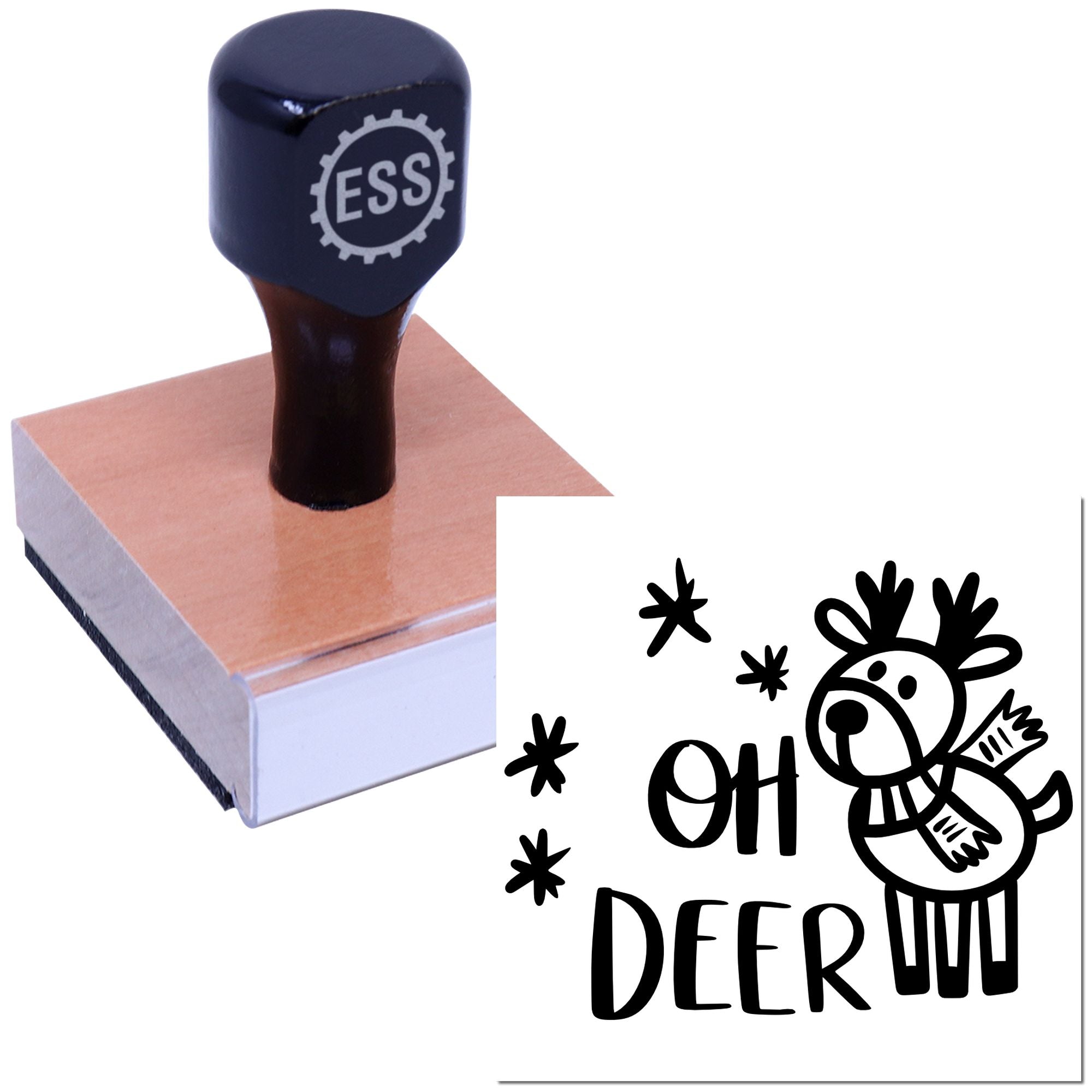 Black ESS rubber stamp on wood block, stamping a black OH DEER deer design on white paper.