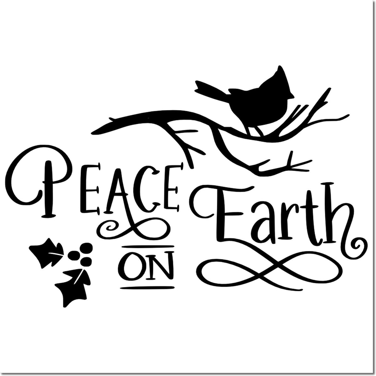 Black decorative stamp seal reading Peace Earth On with bird on branch, leaves, and swirls on white background.