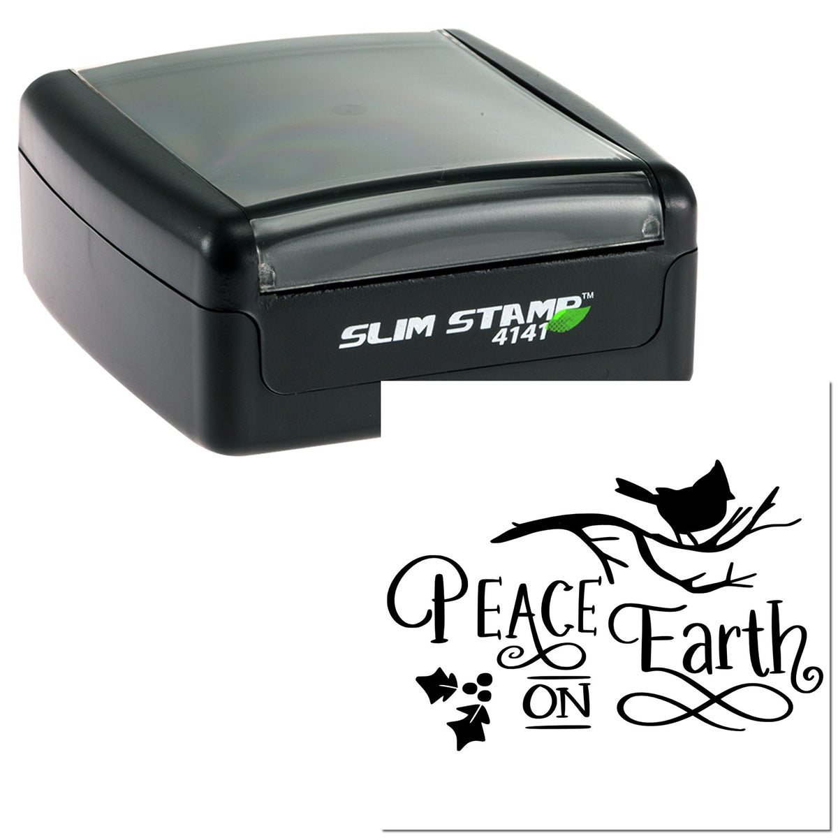 Black self-inking Slim Stamp 4141 with clear lid, paired with a Peace Earth seal design in black on white.