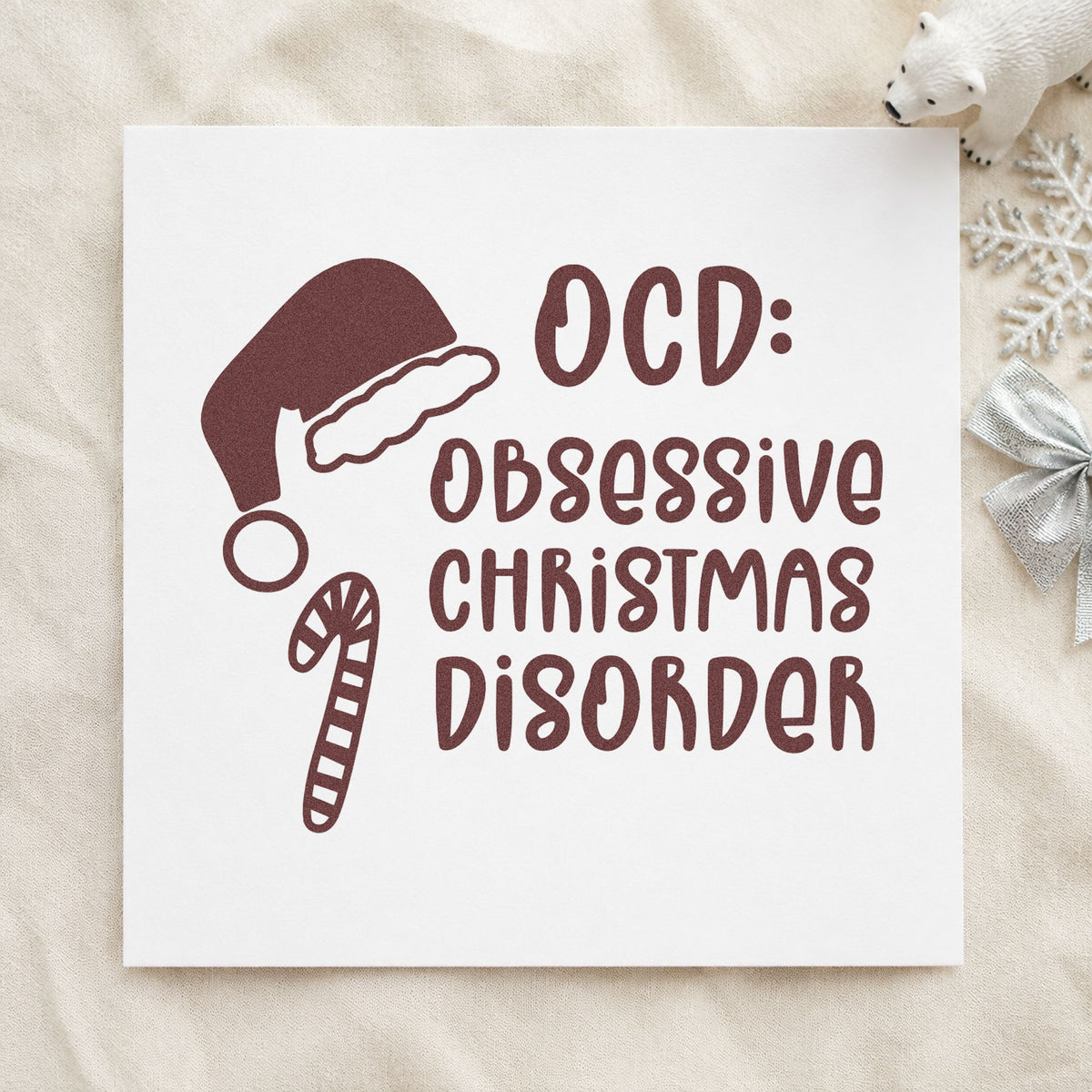Obsessive Christmas Disorder Hat rubber stamp printed in brown ink, ready for budget track sheet and similar paper crafts.