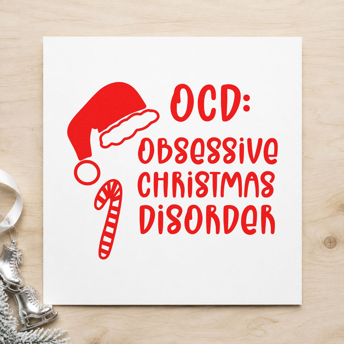 Obsessive Christmas Disorder Hat rubber stamp shown in red ink, stamped for projects such as inventory bin labels.