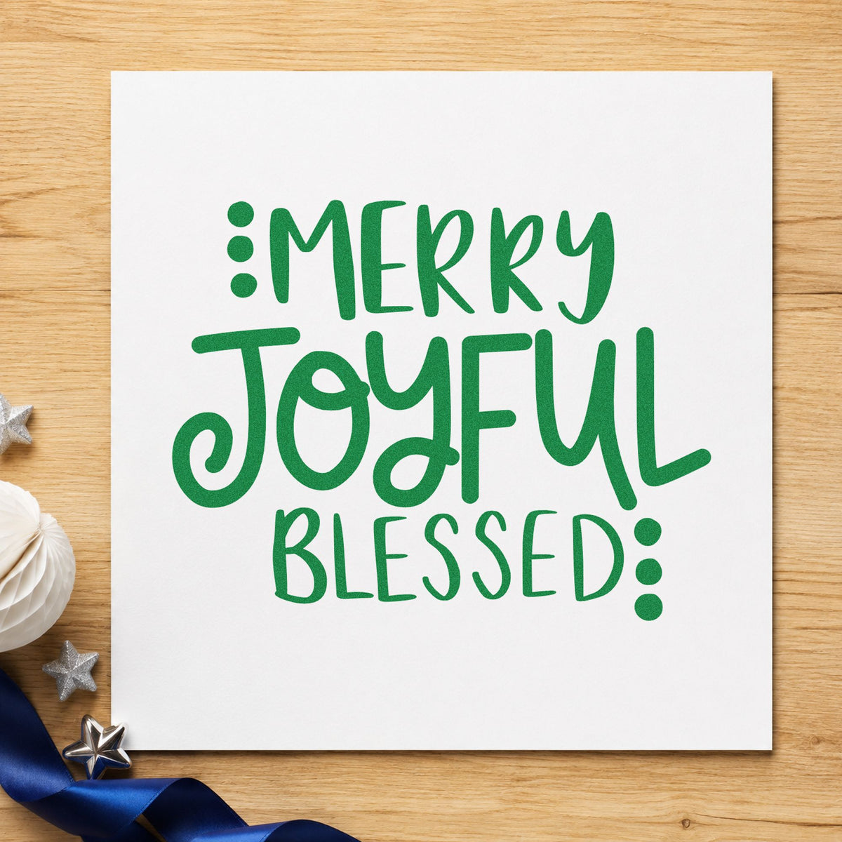Merry Joyful Blessed Dots craft stamp imprint in green ink on a handmade project, one idea being side band gift tags.