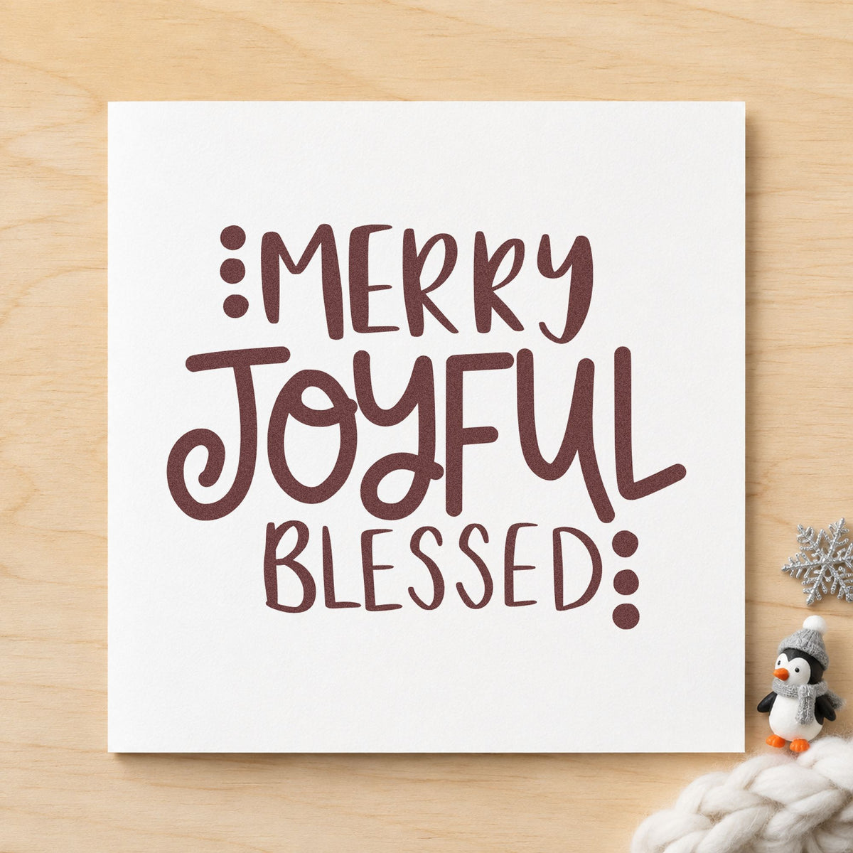 Merry Joyful Blessed Dots rubber stamp printed in brown ink, ready for margin rule sheet and similar paper crafts.