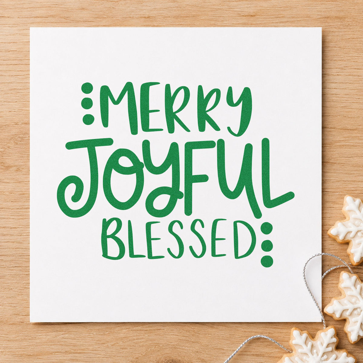 Merry Joyful Blessed Dots craft stamp imprint in green ink on a handmade project, one idea being menu side slips.