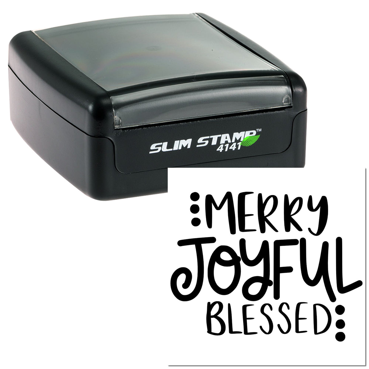 Black slim self-inking stamp with gray cover and Merry, Joyful, Blessed seal impression in bold black script.