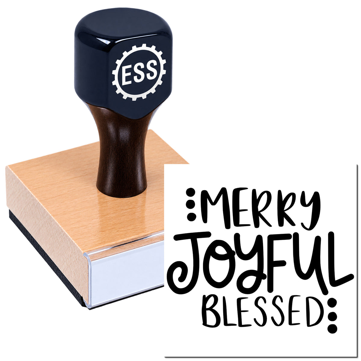 Navy ESS rubber stamp on a wood block, creating a black "Merry Joyful Blessed" seal impression.