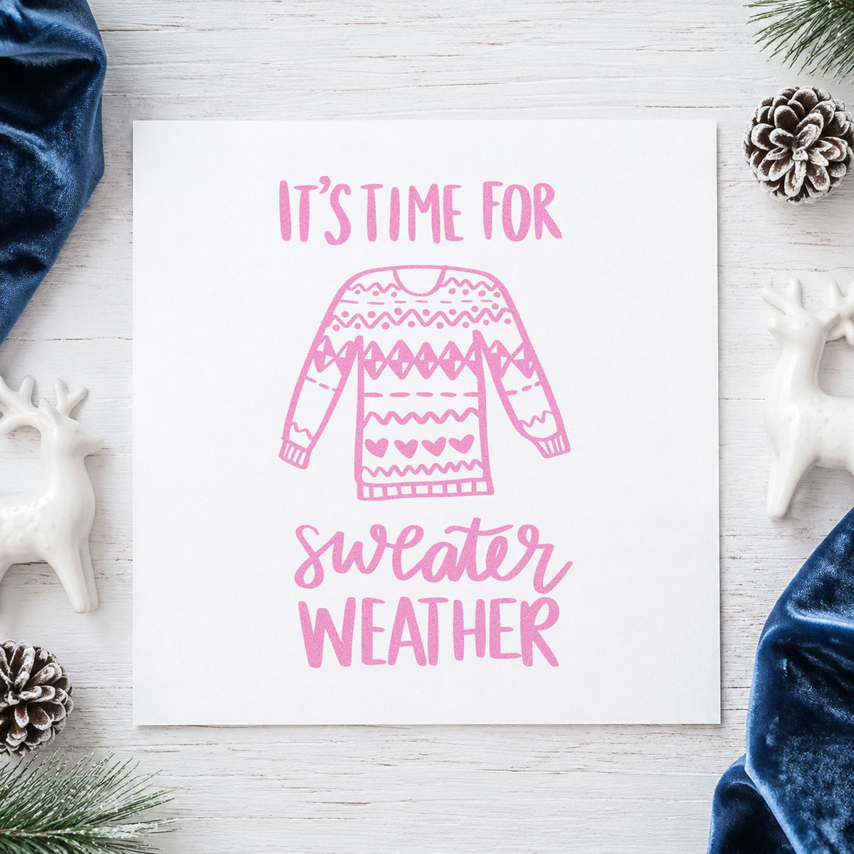 Time For Sweater Weather craft stamp in purple ink on cardstock, an easy option for pattern album page.