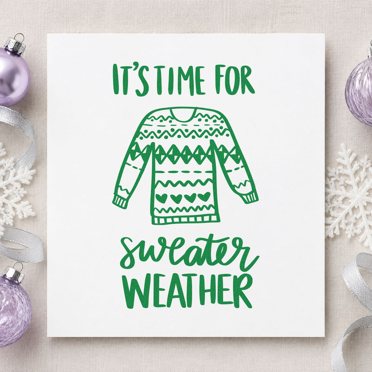 Time For Sweater Weather craft stamp imprint in green ink on a handmade project, one idea being split line gift tags.