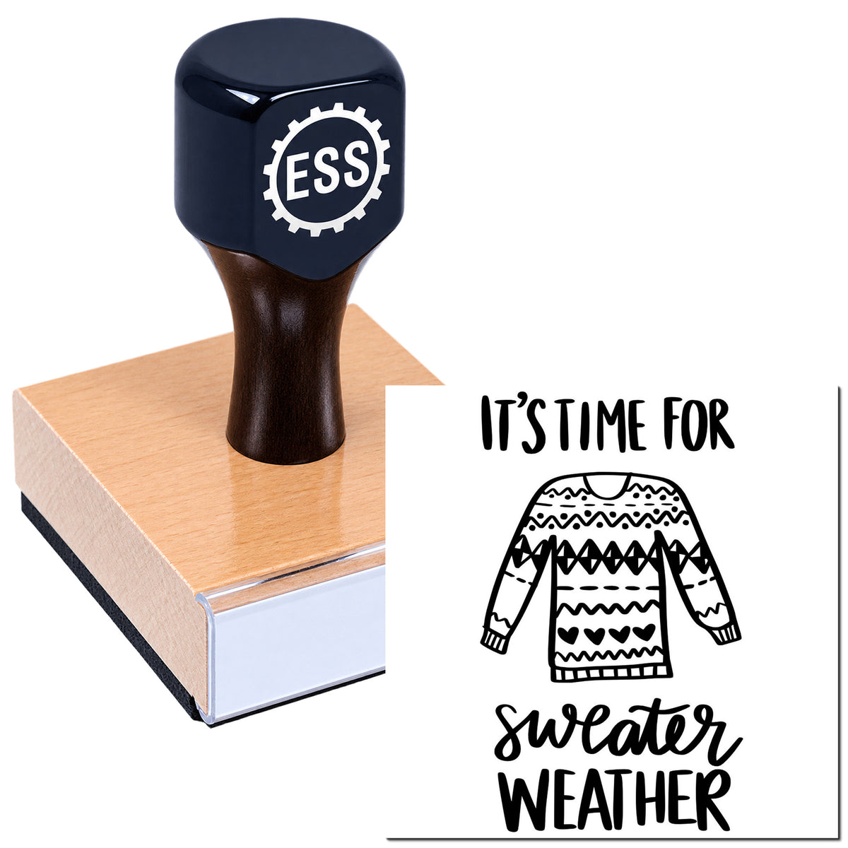 Navy ESS rubber stamp on a wood block beside a black "It's time for sweater weather" seal design with sweater graphic