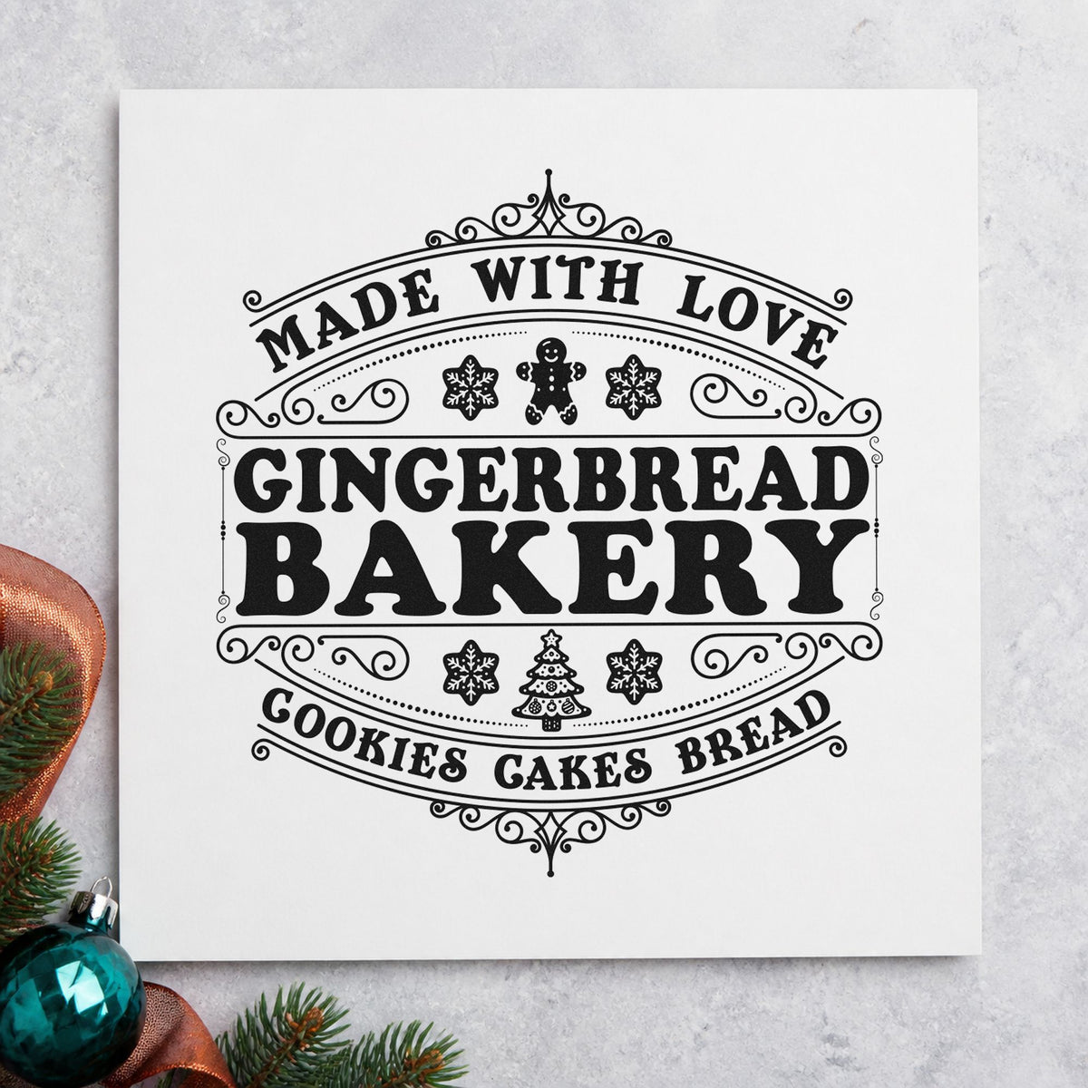Made With Love Gingerbread Bakery craft stamp imprint in black ink on a handmade project, one idea being goods box tags.