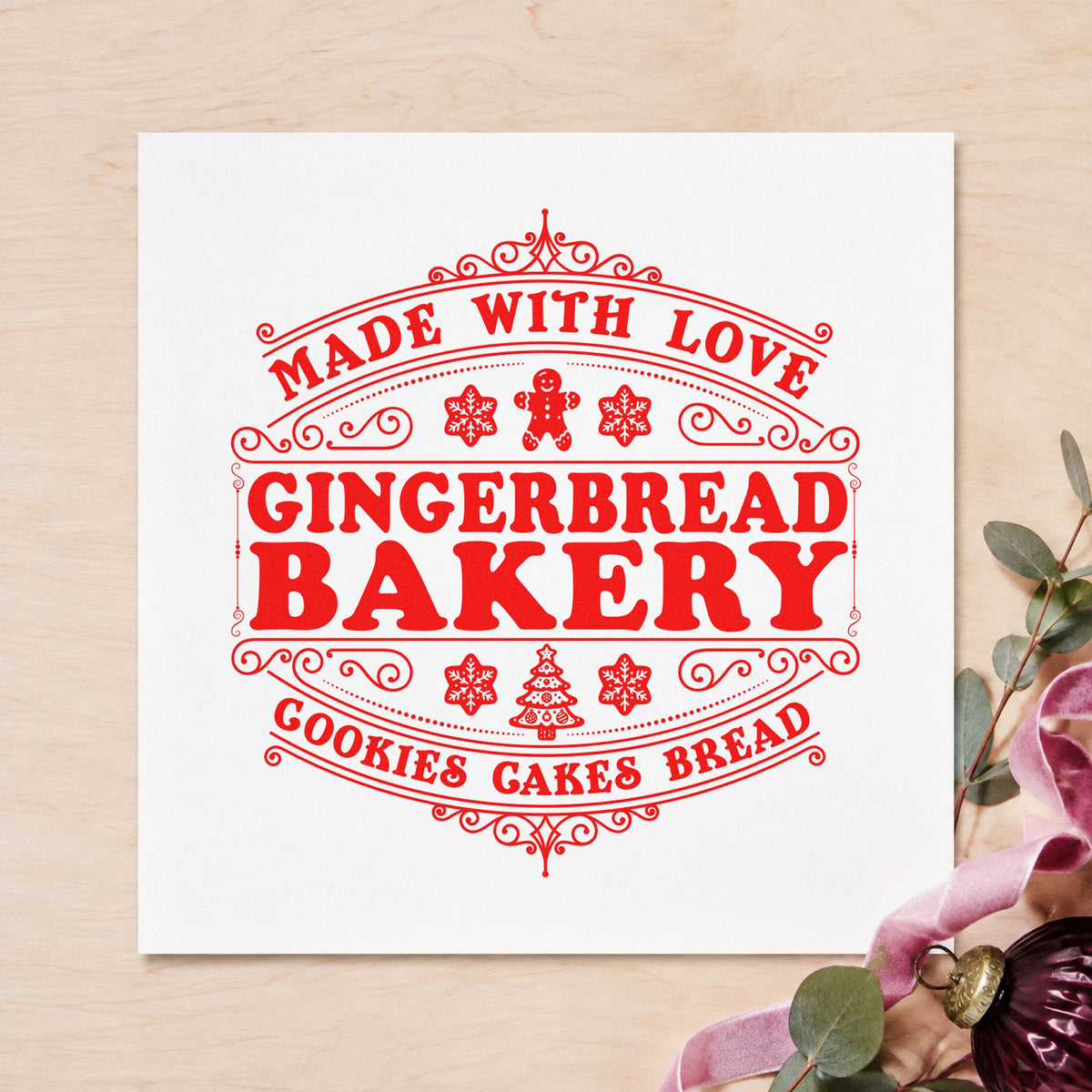 Made With Love Gingerbread Bakery craft stamp in red ink on cardstock, an easy option for sack front printing.