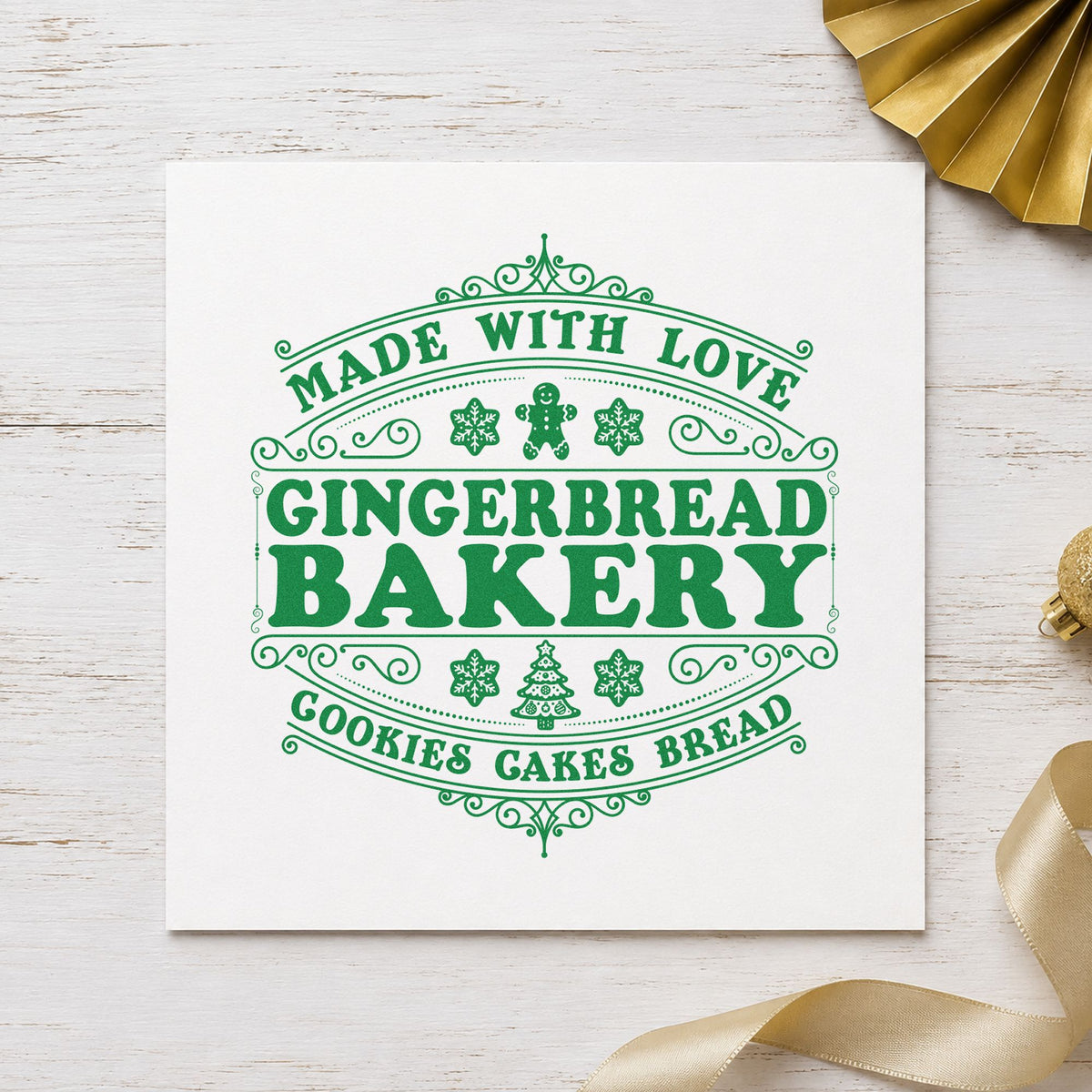 Made With Love Gingerbread Bakery craft stamp imprinted in green ink on paper, a design suited to framed shop entry.
